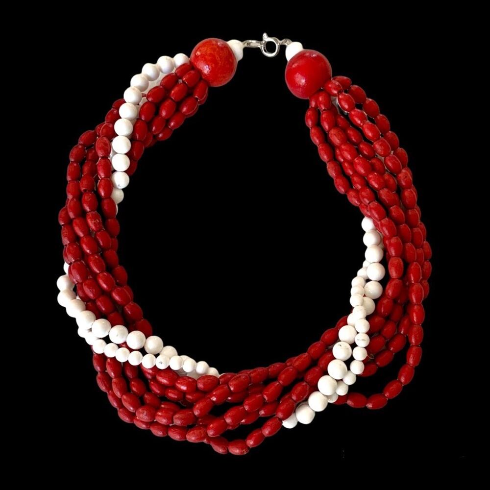 Vintage Ethnic Wooden Beaded Choker Necklace Red and White - Picture 2 of 7